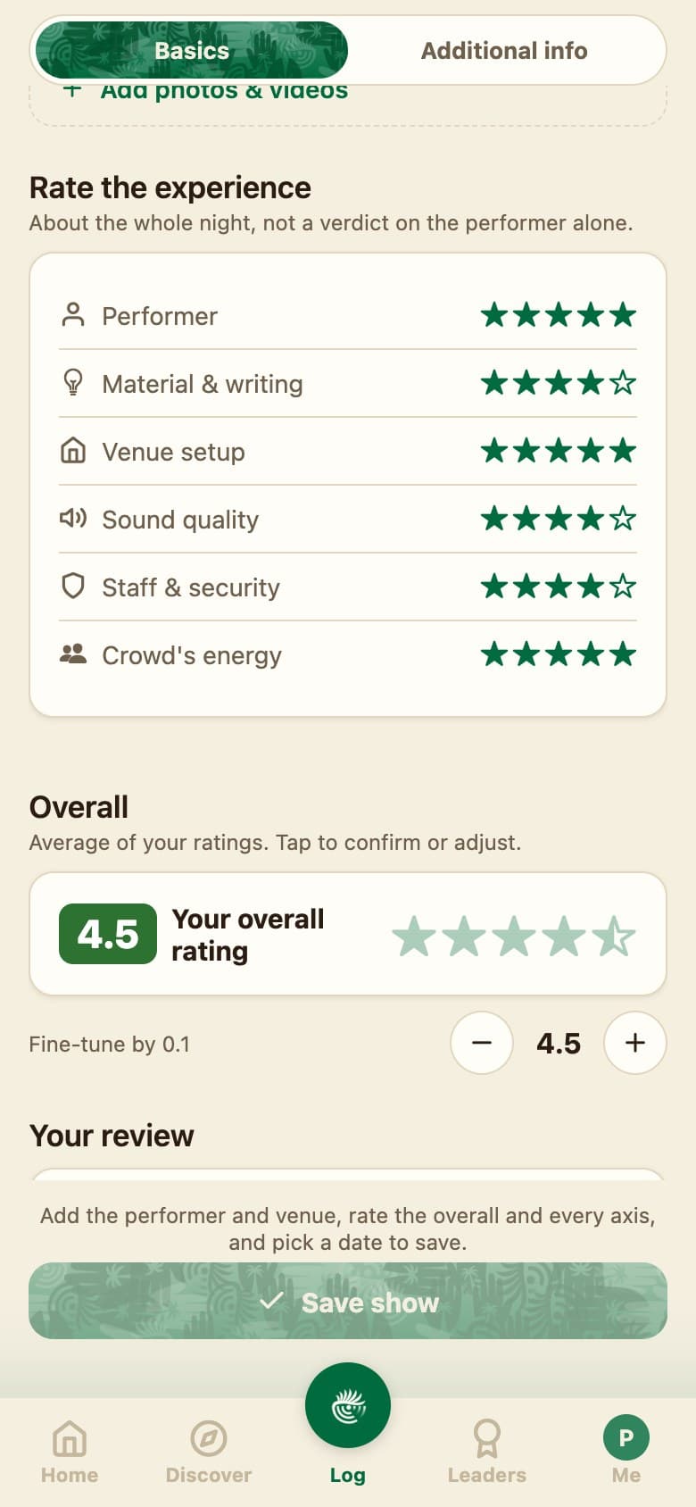 Rating a comedy show in Palm Radar: the six ratings are renamed for comedy, with performer, material and writing, venue setup, sound quality, staff and security, and the crowd's energy, then an overall rating and a Save show button.