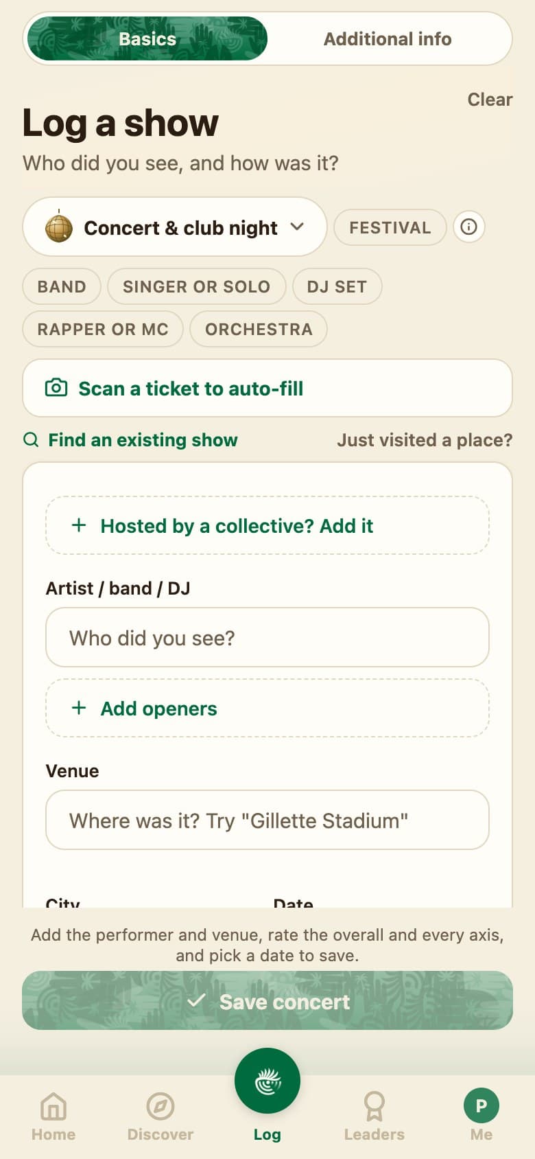The Palm Radar Log screen: Basics and Additional info tabs, a Concert & club night type menu with a Festival button, a Scan a ticket to auto-fill button, Find an existing show, then collective, artist, openers, venue, city and date fields.