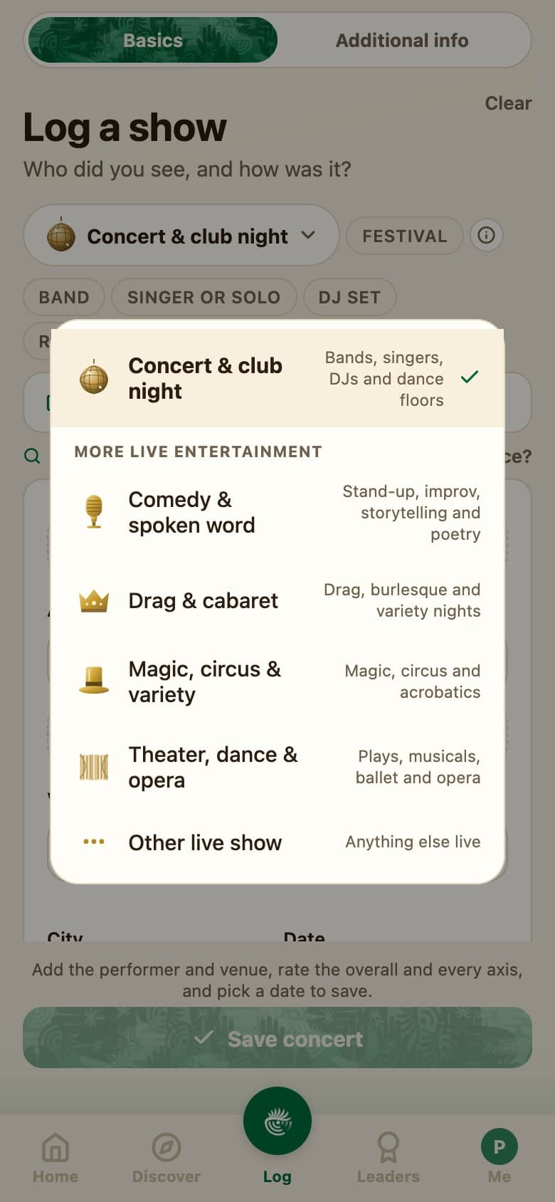 The Palm Radar show type picker: Concert & club night at the top, highlighted, then comedy and spoken word, drag and cabaret, magic circus and variety, theater dance and opera, and other live show, each with a one-line description.