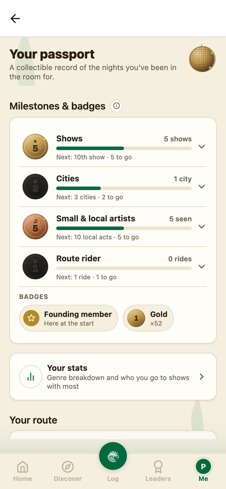 The Palm Radar passport: coin milestones for shows, cities, small and local artists and route rides, earned badges like Founding member, your stats, and your route.