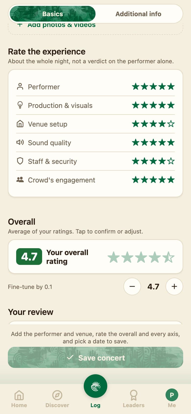 The Palm Radar rating screen with six ratings filled in: performer, production and visuals, venue setup, sound quality, staff and security, and the crowd's engagement, averaged into an overall 4.7.