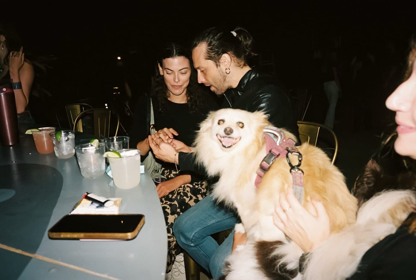 A guest petting a fluffy white dog at the bar at Tumbleweed Desert Lounge